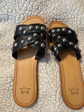 Marc Fisher Black Leather Studded Slide Sandals